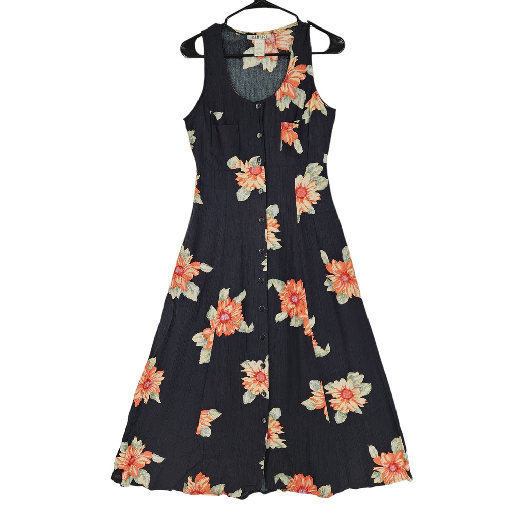 Vtg 90s Rampage Floral Midi Dress sz 5 Jr Women Black Orange Button‎ Up Boho Y2K